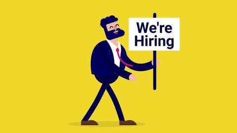 we're hiring animation - Funny cartoon businessman walking with recruitment sign smiling looking for new business people. Infinite loop animation.