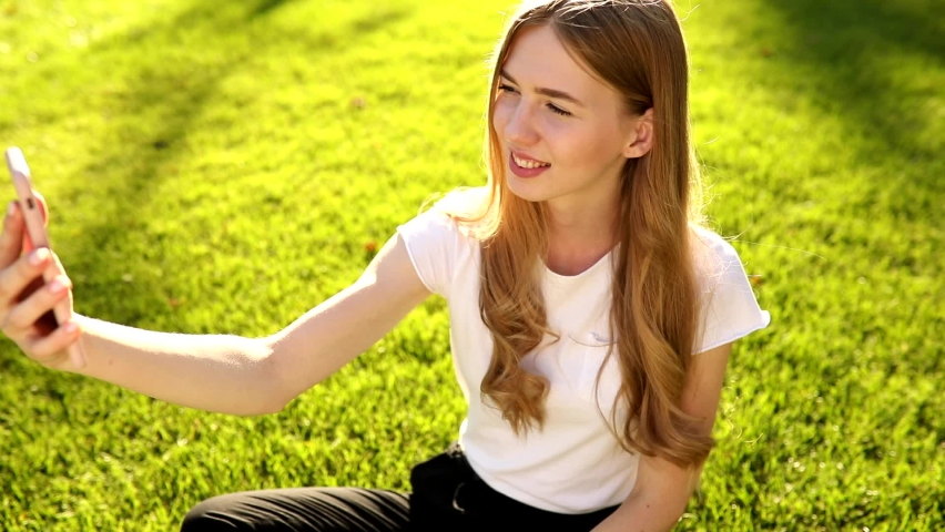Happy young woman holding a phone, looking at the screen, waving her hand, talking on a video call at a distance online in a mobile application on a smartphone, sitting on the grass in the park Royalty-Free Stock Footage #1062638116