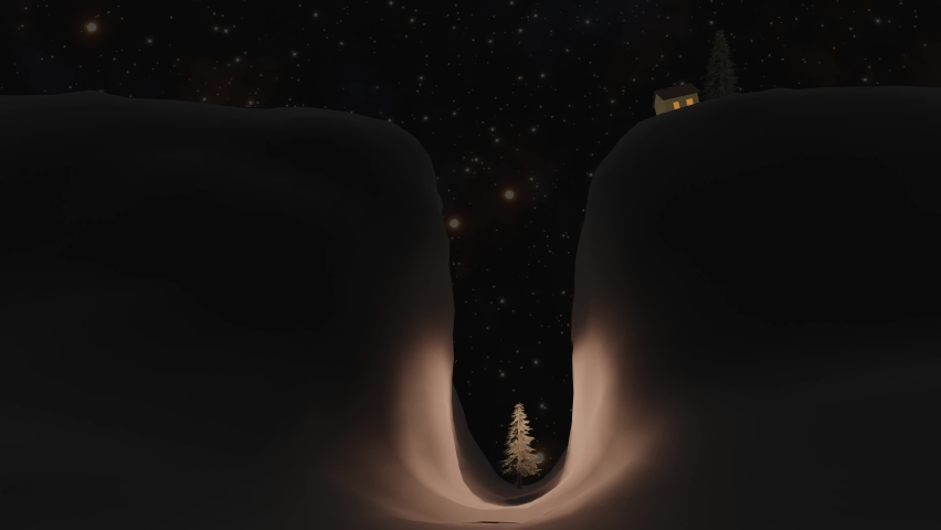 Full moon is falling with foreground of a pine tree and small house in a defile 