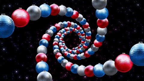 Christmas balls twisted in a spiral. Red, blue and white. They fly in the tunnel in rotation. Abstract background for New Year and Christmas