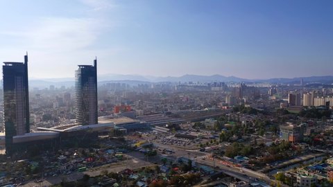 Aerial view near Daejeon Station. The twin towers in Daejeon Station are impressive.