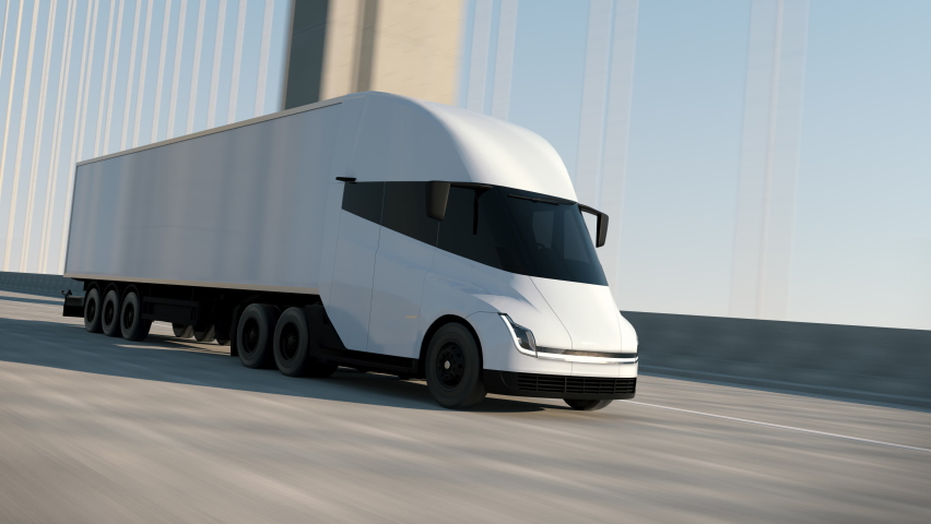 Future Logistic Transporter Delivering Concept. White Modern Big Semi Truck with Cargo Trailer Full Goods Travels at Day on Highway Bridge Road. Self Driving Continental Distribution Warehouses Route Royalty-Free Stock Footage #1062646207