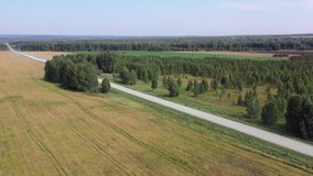  Flight over agricultural fields  and country road at early autumn time. Aerial video. Siberia, Russia