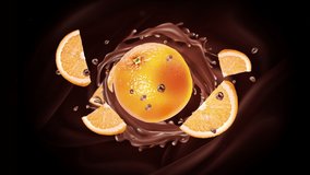 Orange with liquid chocolate on a dark background.