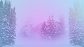 Digital composition of purple glowing spots of light against snow landscape with trees. digital composite video concept
