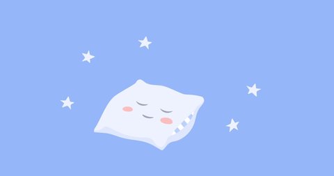 4K Looped animation, cute pillow sleeping and dreaming, starry night background. 2D Seamless motion animated footage, fluffy cushion lying and snoring zzz, healthy rest, repose, recreation concept