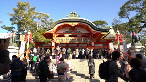 Kyoto / Japan - 01 30 2020: Kyoto, Japan, circa : Red Torii gates at Fushimi Inari Taisha with tourists in Kyoto Japan