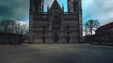A timelapse of an church and some people passing by, filmed in Norway, Trondheim.