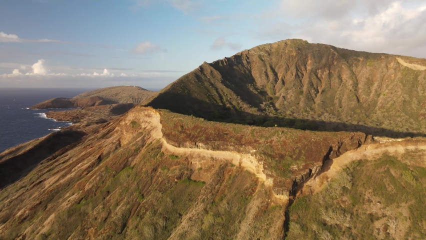 Drone flyover of the koko head crater in honolulu hawaii