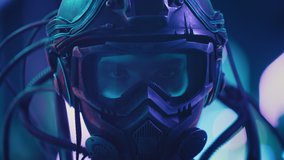 Portrait female soldier of future in fiction helmet open her eyes looking into camera backlit with blue neon city street lights at night. Woman in futuristic combat costume. Cyberpunk style warrior - Powered by Shutterstock - Get 15% off with code: PIKWIZARD15