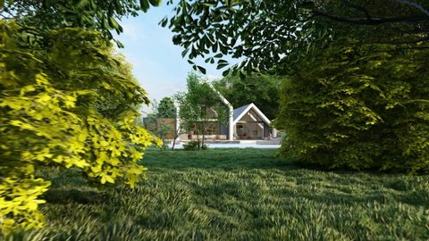 3D animation with a modern pitched roof house with a pool and a garden