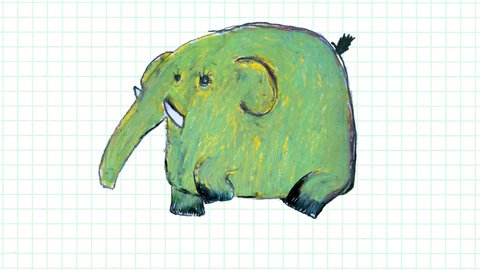 Doodle elephant. Little kid's hand drawing moving. Crazy cartoon style with pulsing graph paper background. 
