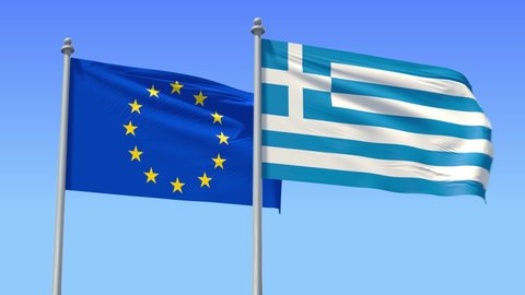 Greece and EU flag on flagpole excellent quality. The Hellenic Republic and The European Union waving flag in wind. Endless Animation. LOOP / CYCLE Animation.