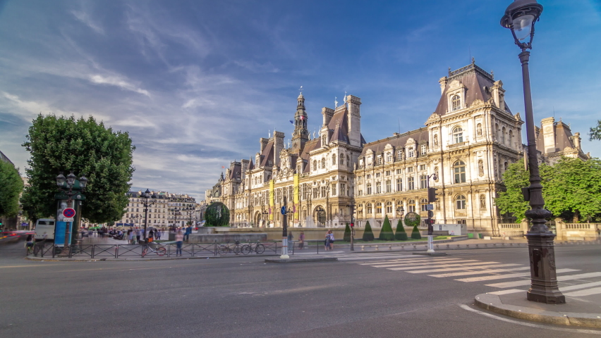 Hotel de Ville or Paris city hall timelapse hyperlapse in sunny day. This building has been used as the location of the municipality of Paris since 1357