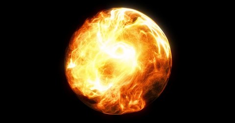 Burning 3D fireball orb effect on black background. swirling flames and plasma within sphere. Magical or Mystical visual special effect. 3D render. 4K loop.