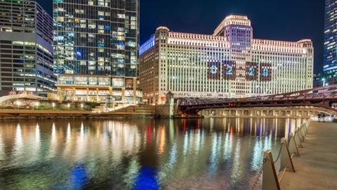 Chicago, IL / USA - November 18 2020: Time Lapse of Art On The Mart - Light show on Merchandise Mart