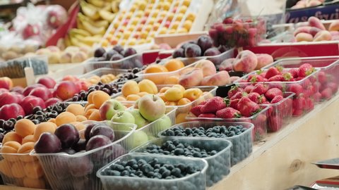 Tracking shot of variety of ripe fruit and berries in plastic food containers on shelf in supermarket or market