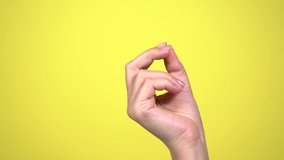 Closeup view 4k video of female manicured beautiful hand snapping her fingers happily and cheerfully. Hand of woman isolated on yellow bright background.
