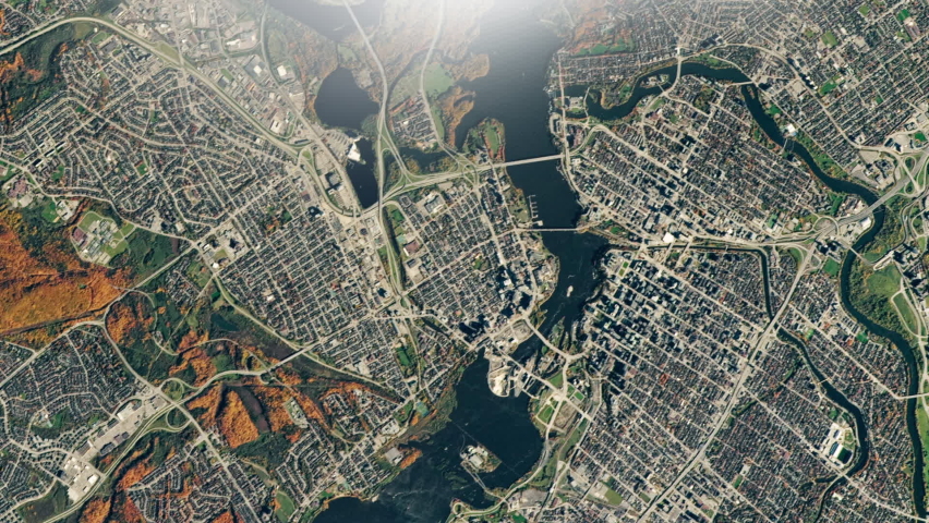 City and river scenic satellite aerial view of Ottawa, Canada, autumnal landscape rotating zoom out with clouds animation. Images furnished by Nasa