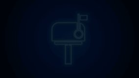Glowing neon line Mail box icon isolated on black background. Mailbox icon. Mail postbox on pole with flag. 4K Video motion graphic animation.