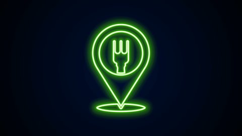 Glowing neon line Cafe and restaurant location icon isolated on black background. Fork and spoon eatery sign inside pinpoint. 4K Video motion graphic animation..