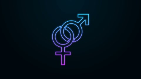 Glowing neon line Gender icon isolated on black background. Symbols of men and women. Sex symbol. 4K Video motion graphic animation