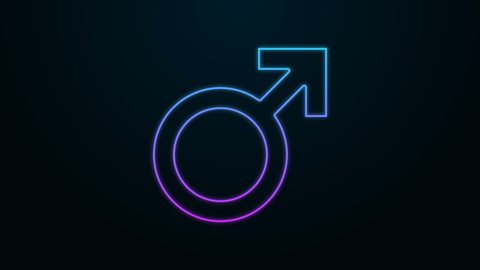 Glowing neon line Male gender symbol icon isolated on black background. 4K Video motion graphic animation