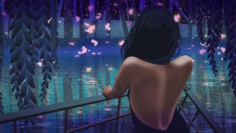Animation. A woman stands by the lake and looks at the calm water, butterflies and fireflies at night. Seamless loop VJ