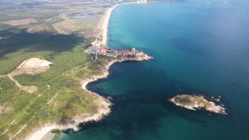 Aerial view of Snake or Saint Thomas Island at Arkutino region, Burgas Region, Bulgaria 