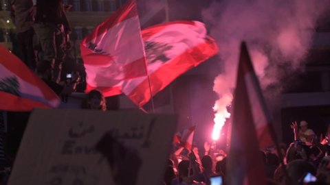 Beirut, Downtown / Lebanon - November - 3 - 2019 : Lebanese Revolution 2019 People Singing Revolutionary Songs at Night against the current Government, and against Corruption in the country