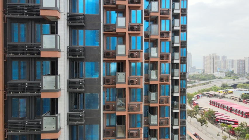 Tuen Mun River residential district downtown of Hong Kong city Top view moving forward  Shot 