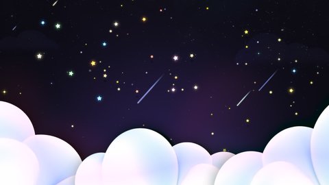 Looped cartoon night sky animation. Falling stars and meteor rain effect.