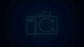 Glowing neon line Photo camera icon isolated on black background. Foto camera icon. 4K Video motion graphic animation.