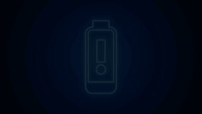 Glowing neon line Battery charge level indicator icon isolated on black background. 4K Video motion graphic animation.