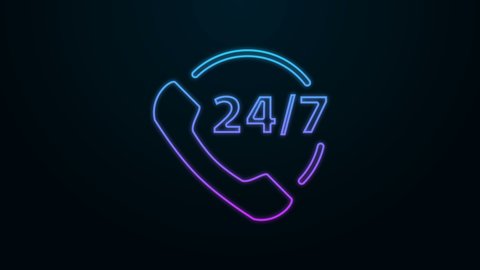Glowing neon line Telephone 24 hours support icon isolated on black background. All-day customer support call-center. Full time call services. 4K Video motion graphic animation