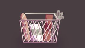Animated Shopping cart with groceries, organic food flat icon. Eco products jumping in the Shopping Basket. 4K animation, motion graphic Video