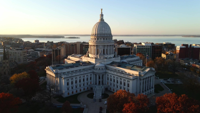 State capitol in madison downtown city in wisconsin aerial footage
