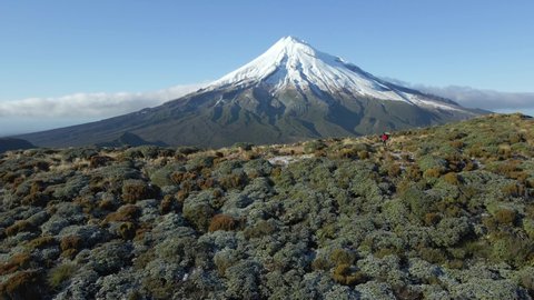 Man hiking in Egmont National Park during sunny day with Taranaki Volcano in background.Aerial flyover footage.