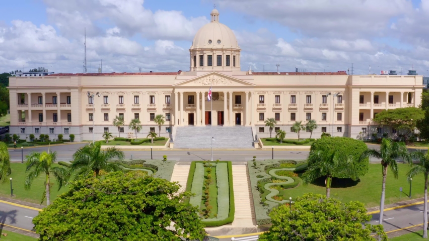 Low-altitude backward flight with drone in the Presidential Palace of the Dominican Republic.