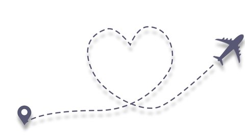 Love airplane route animation. Romantic travel symbol, heart dashed line trace. Movement of simple hearted airplane path, flight air dotted love valentine day invitation video.