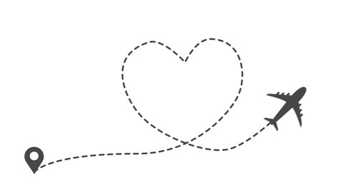 Animation of one dashed line drawing of passenger airplane and heart sign label
