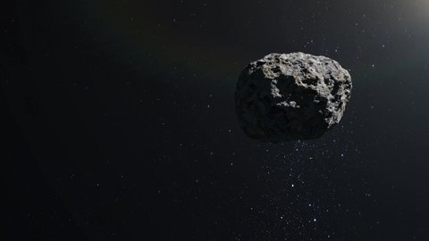 Asteroid in space. The asteroid flies and rotates slowly. Starry sky. 4K. Stars twinkle. 3d rendering.