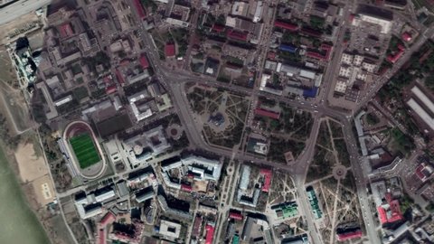 Zoom in from space and focus on Omsk Russia. 3D Animation. Background for travel intro. 