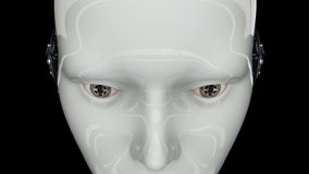 Artificial intelligence. Futuristic humanoid robot is activated, moves its head, eyes and scans the environment.The camera moves away. On a black background. 4K. 3D animation. - Powered by Shutterstock - Get 15% off with code: PIKWIZARD15