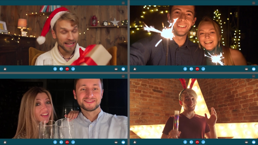 Young people friends group drink champagne hold sparklers talk on virtual video call celebrate Happy New Year Christmas zoom party in distance online conference chat, computer screen videocall view. Royalty-Free Stock Footage #1062779989