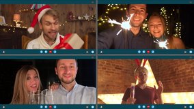 Young people friends group drink champagne hold sparklers talk on virtual video call celebrate Happy New Year Christmas zoom party in distance online conference chat, computer screen videocall view.