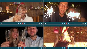 Young people friends group drink champagne hold sparklers talk on virtual video call celebrate Happy New Year Christmas zoom party in distance online conference chat, computer screen videocall view. - Powered by Shutterstock - Get 15% off with code: PIKWIZARD15