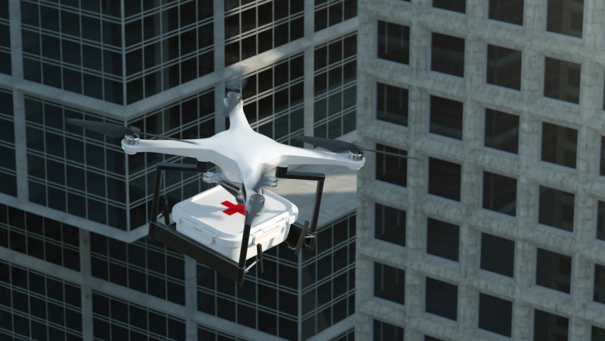 Close-up Copter Flying with First Medicine Package in Town. Aerial Drone Delivery. Receiving First Aid Delivery. Concept Medical Air Shipment. Automatic Unmanned Delivery Process of Medical Drone Help Royalty-Free Stock Footage #1062786964