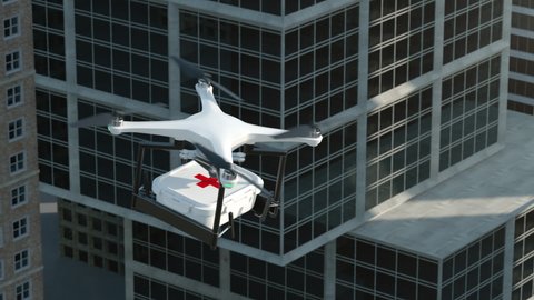 Close-up Copter Flying with First Medicine Package in Town. Aerial Drone Delivery. Receiving First Aid Delivery. Concept Medical Air Shipment. Automatic Unmanned Delivery Process of Medical Drone Help