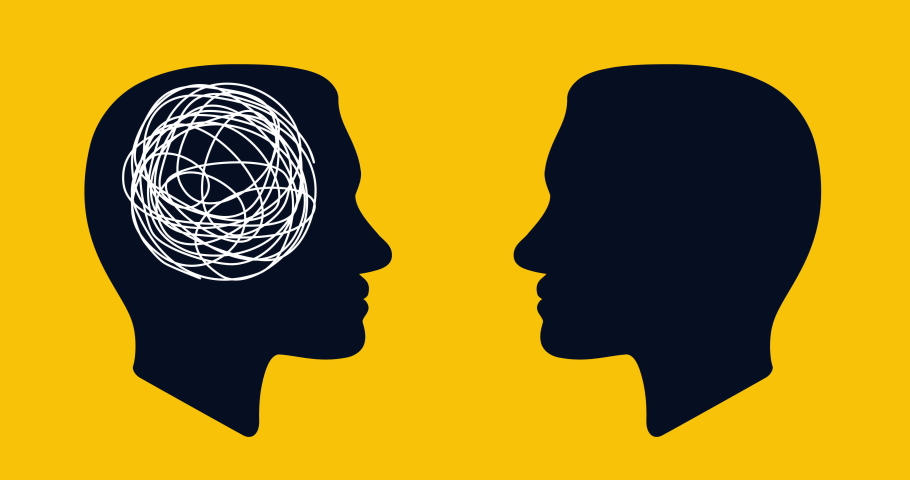 concept icon showing silhouette of human heads with tangled line inside, like brain and untangled line. unraveling of tangled line. metaphor for  mentor or coach in problems business Royalty-Free Stock Footage #1062787987